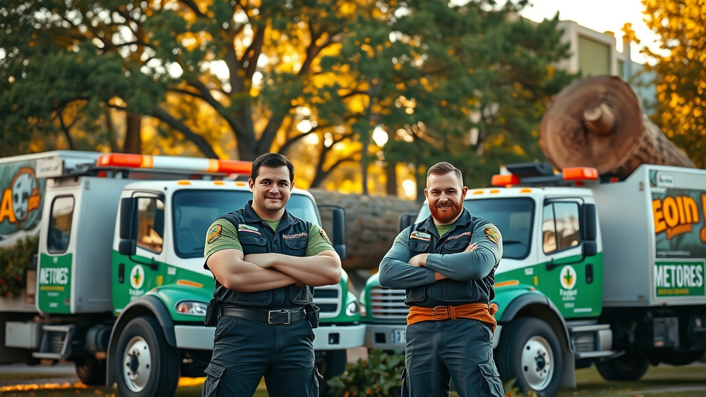 Two competitive tree removal teams beside branded trucks, authority brands, professional tree service uniforms, city park