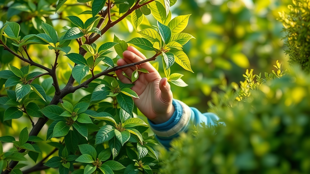 certified arborist performing health inspection on lush, healthy shrubs and trees, close-up of branches and leaves, early morning light