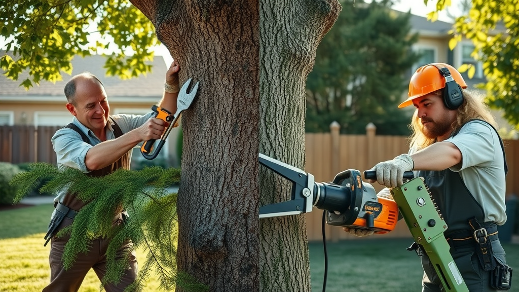 comparison of amateur using hand tools for tree trimming and professional arborists using advanced equipment in a split suburban backyard, contrasting techniques