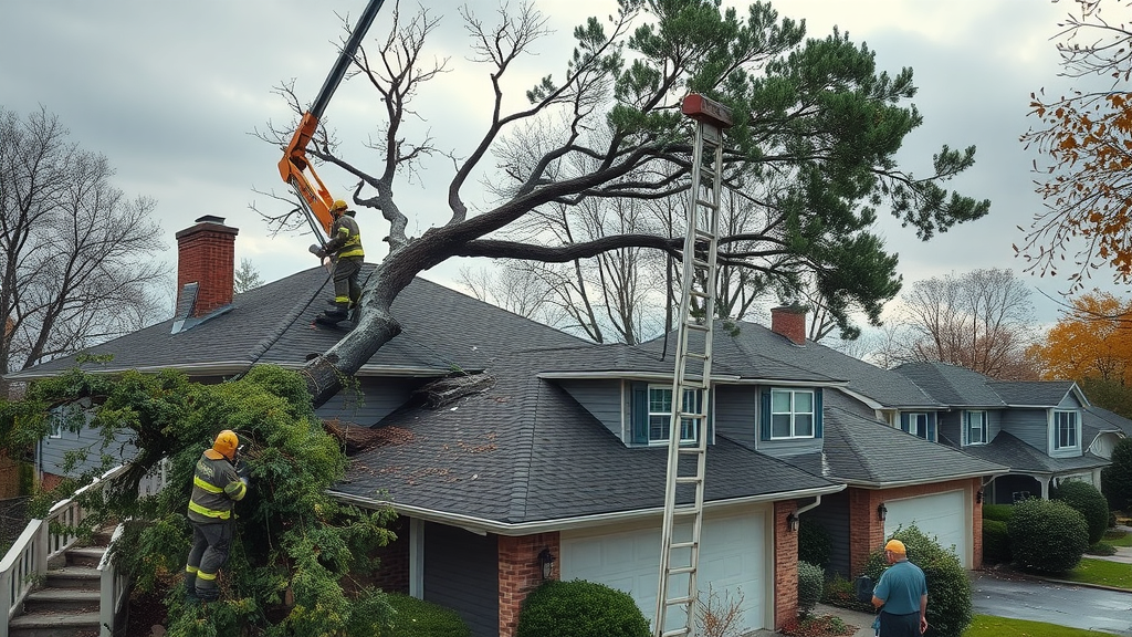 emergency team safely removing large fallen tree branch from a suburban home post-storm, using cranes and saws, photorealistic detail