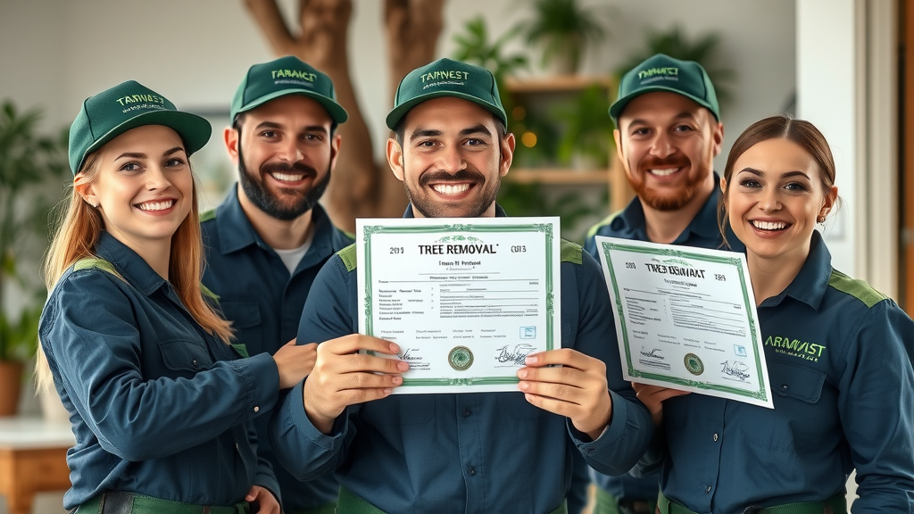 Smiling team of tree removal professionals displaying insurance certificates, tree removal company credentials, branded uniforms