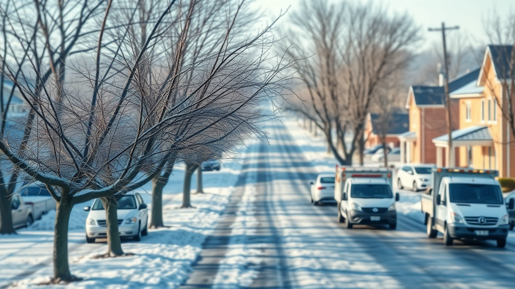 Leafless trees in a dormant winter setting, tree service trucks nearby, snow-dusted ground, tree removal company in low season