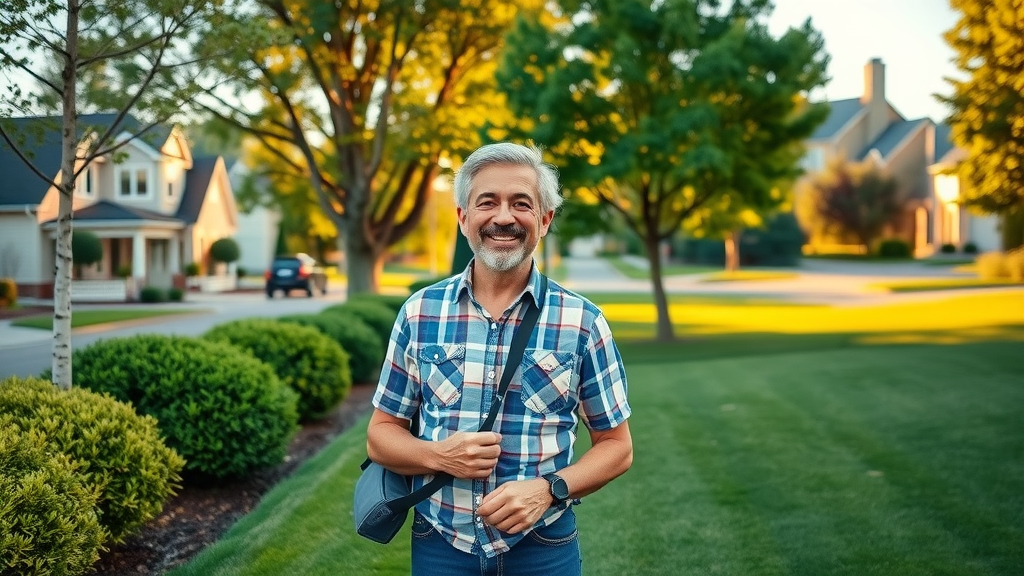 before-and-after transformation of a residential yard with professionally trimmed trees, healthier lawn, and satisfied homeowner in golden hour lighting