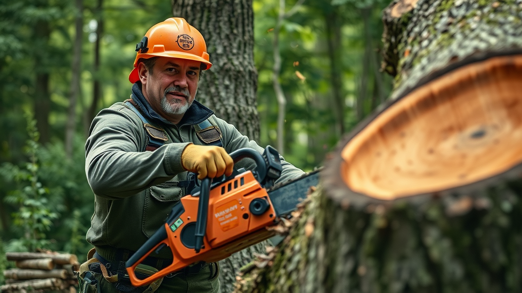 Experienced arborist operating a chainsaw, tree removal company in action, lush forest, safety markers