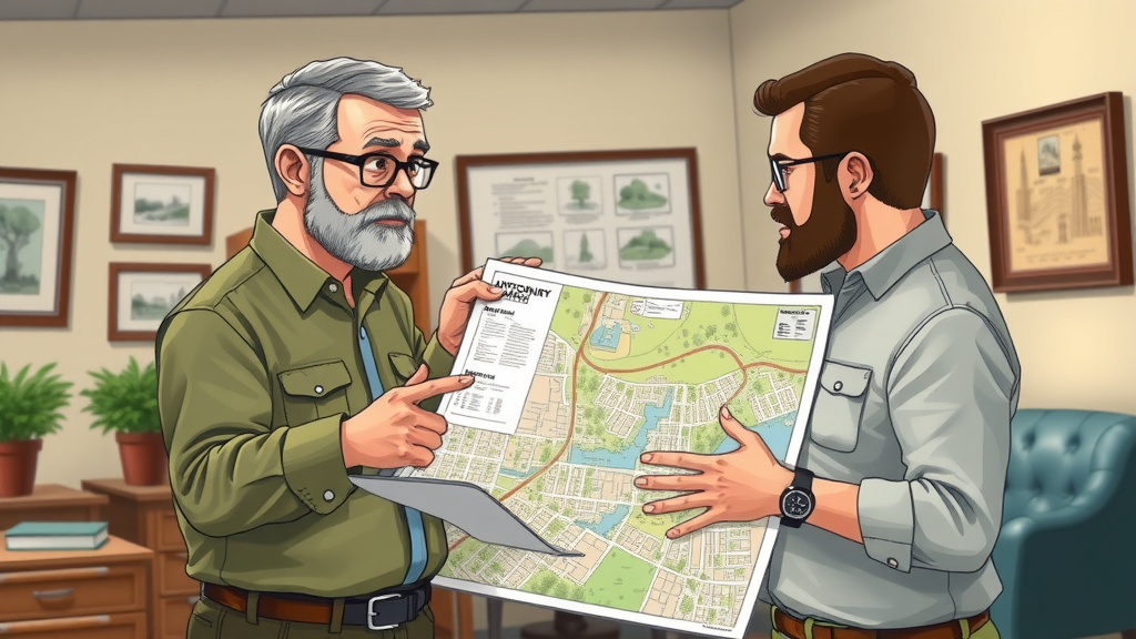 Knowledgeable local arborist discussing map of regional tree species, tree removal company planning, municipal office