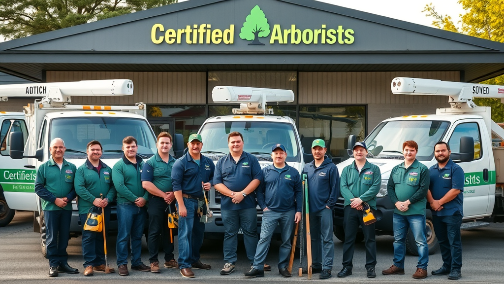 team of certified arborists in uniform, standing in front of clean service vehicles with professional equipment, ready to provide tree trimming services