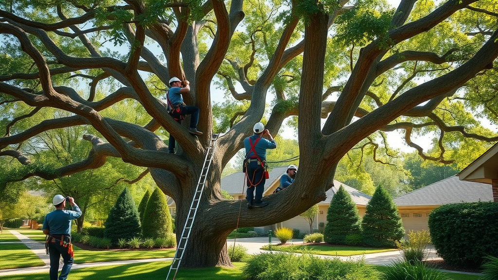 mature oak trees being trimmed by professional tree service team in a suburban yard using ropes and harnesses, photorealistic daylight scene