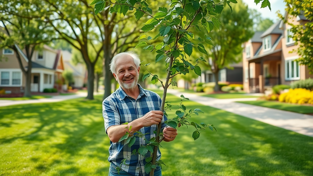 tree trimming cost in suburban neighborhood, homeowner inspecting healthy trimmed tree