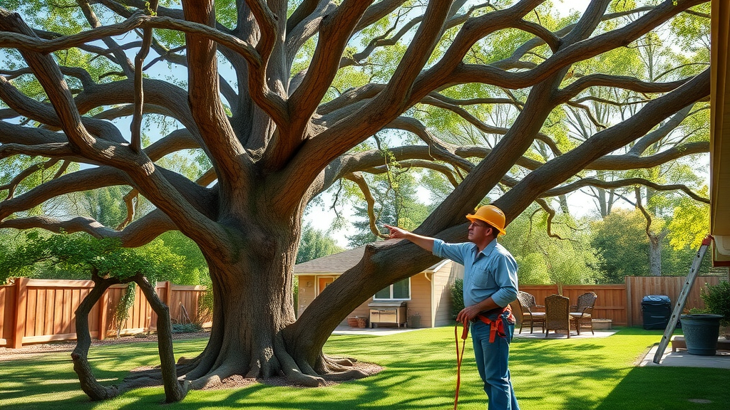tree trimming cost for large oak with difficult access, arborist pointing at tangled branches