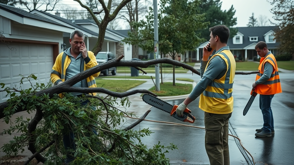 emergency tree trimming cost, storm-damaged tree with emergency response crew at suburban home