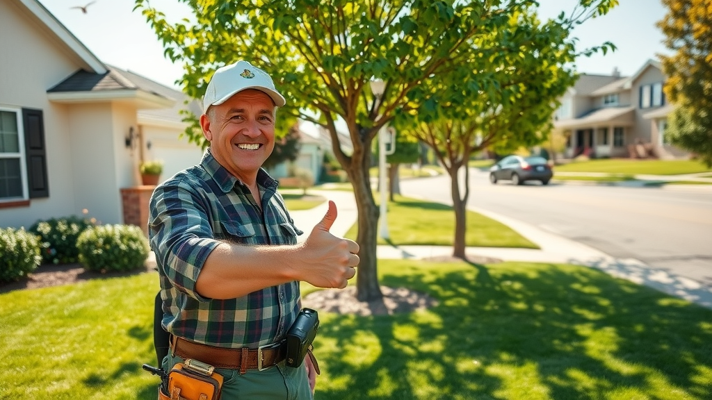 saving money on tree trimming cost, happy homeowner with professional arborist, neatly trimmed trees