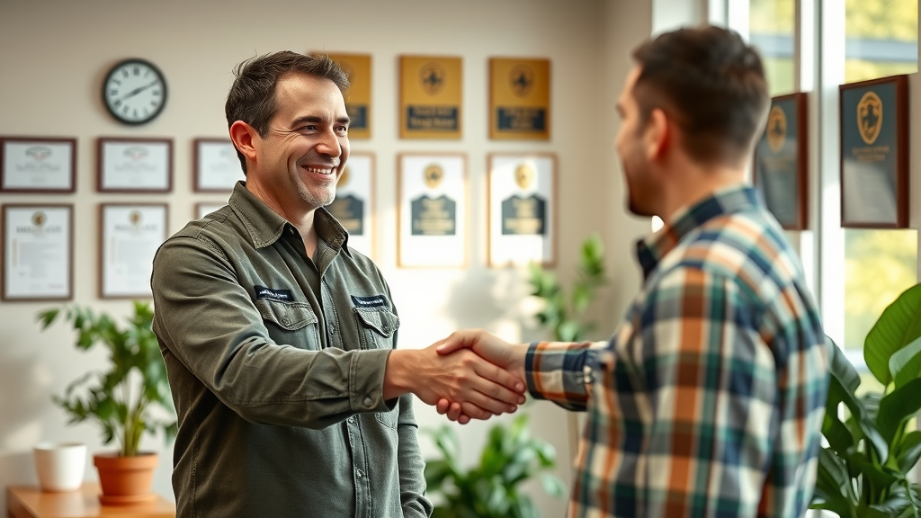 professional tree trimming service office, arborist greeting customer, certification plaques on wall