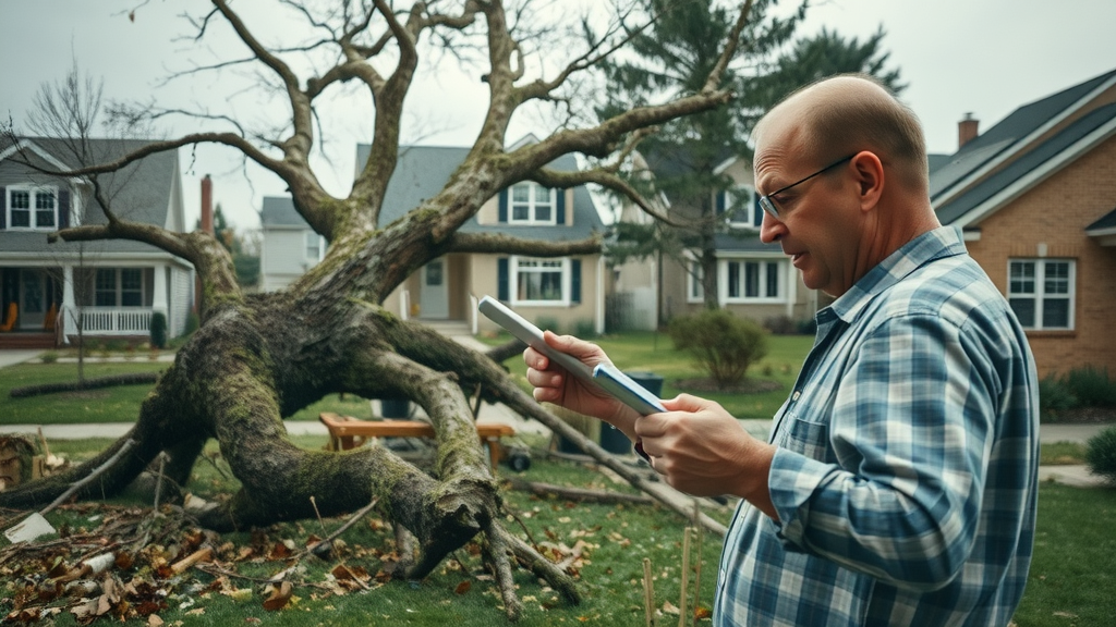 emergency tree removal after storm: homeowner examines toppled tree in residential neighborhood with insurance adjuster and debris-strewn lawns