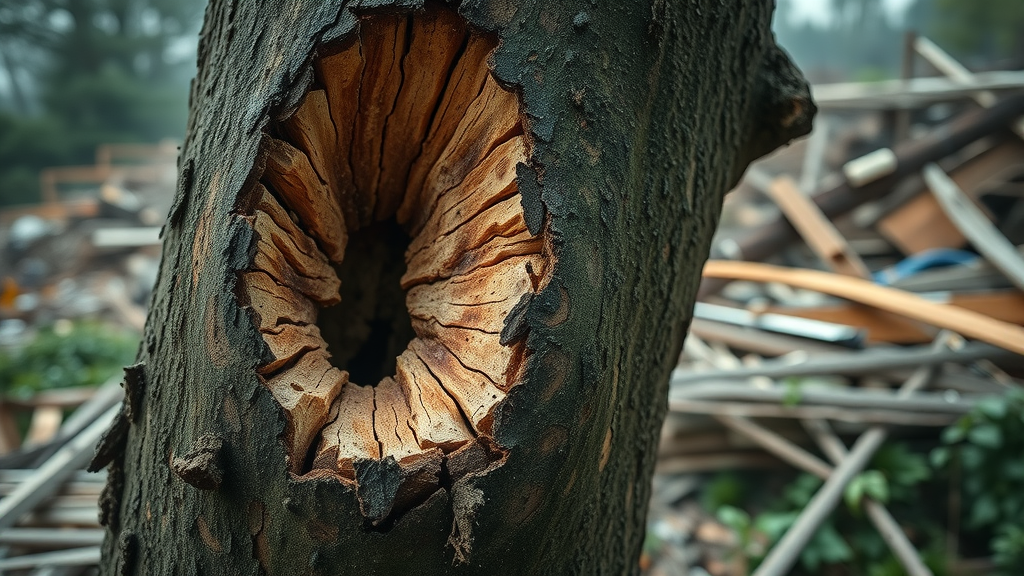 split tree trunk with exposed core and storm debris visible, a sign for emergency tree removal