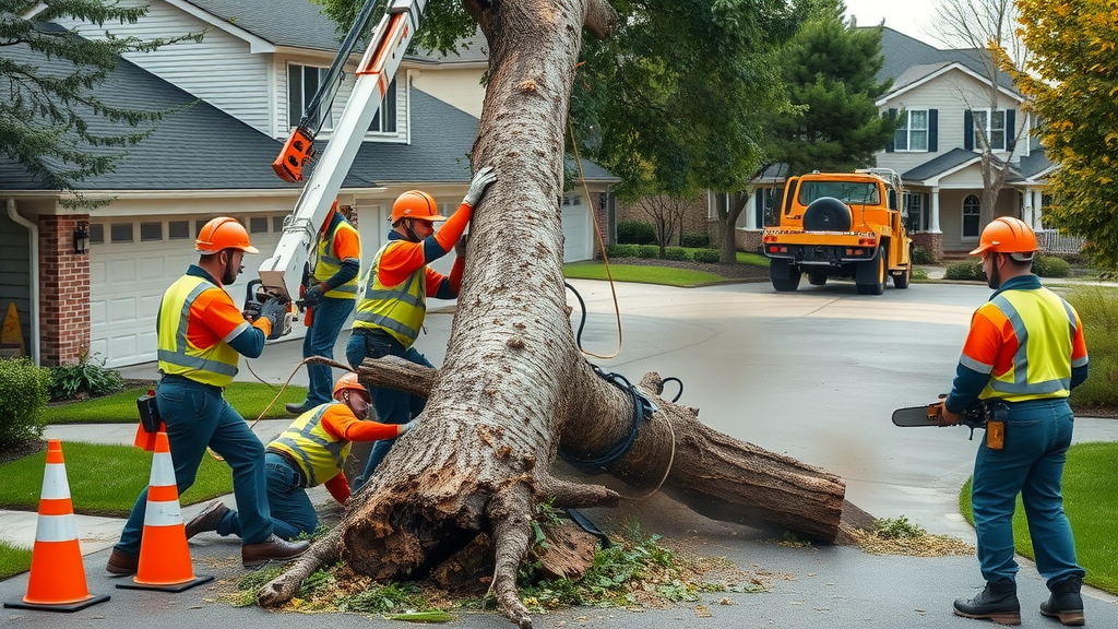 tree removal service professionals using crane and chainsaw during emergency tree removal of fallen tree in suburban driveway