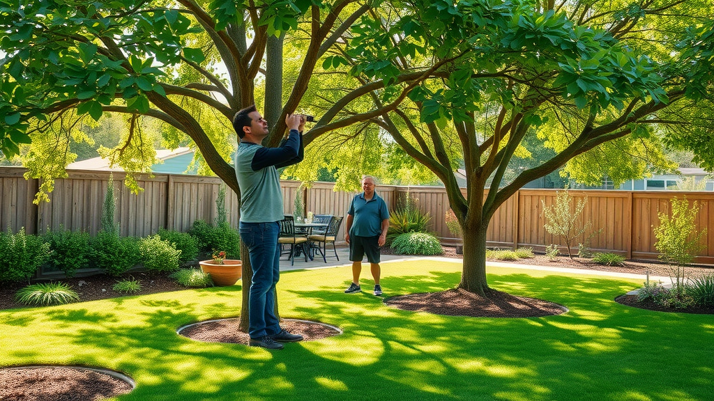 backyard with healthy trees and certified arborist pruning, demonstrating tree care to reduce emergency tree removal needs