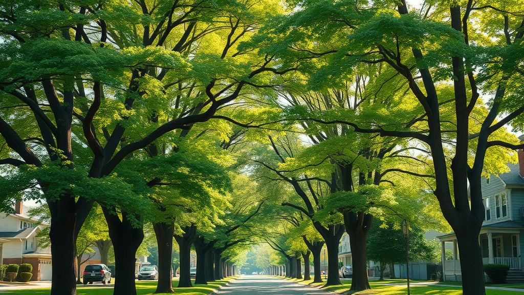 Vibrant urban trees and healthy tree care in [Your City], best tree trimming company, bright sunlight