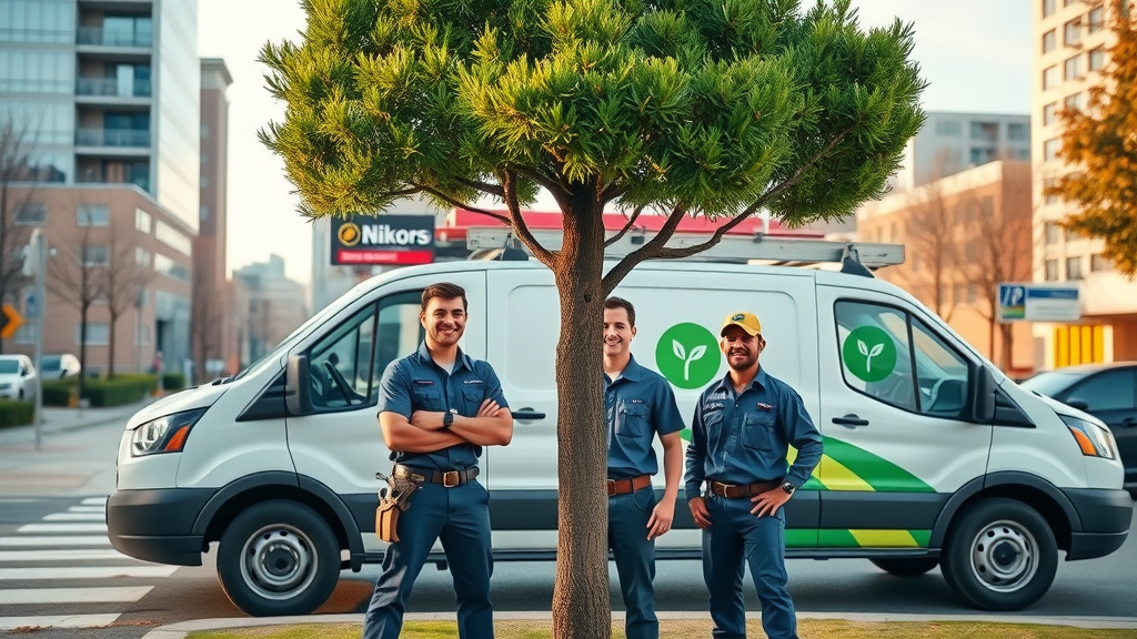 Best tree trimming company team in [Your City], branded truck and healthy trimmed tree