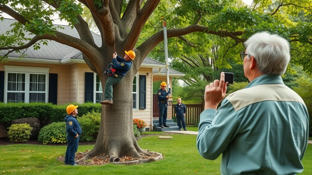 licensed tree service professionals pruning tree safely in a suburban home, protecting property
