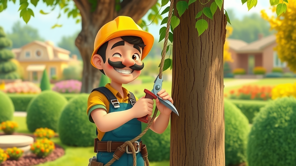 licensed tree worker trimming tree with tree trimming license and safety gear