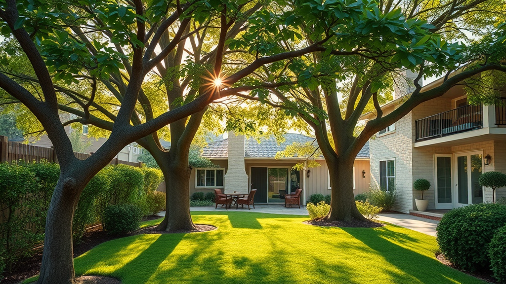 tree pruning benefits in residential garden with pruned healthy trees and trimmed lawn