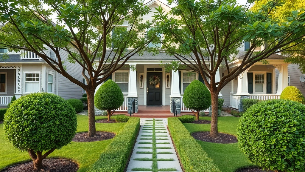 tree trimming and pruning for curb appeal in front yard of residential house
