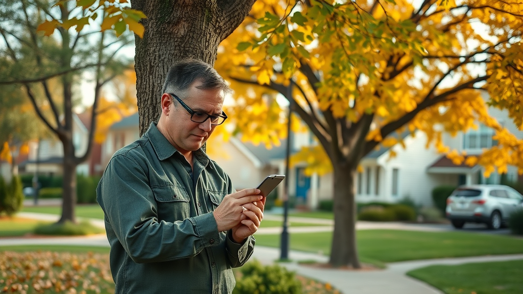 local tree service professional arborist examining mature tree in suburban neighborhood
