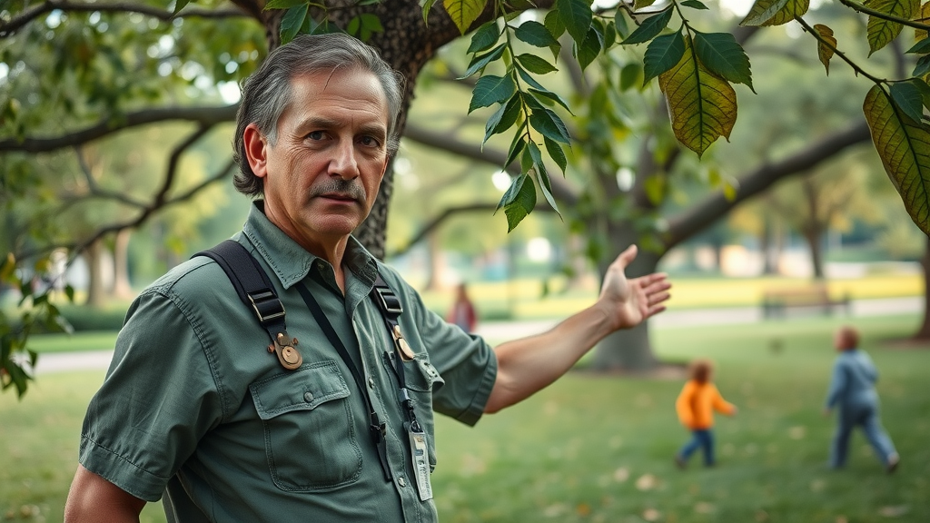 certified arborist inspecting oak tree tree health local tree service urban park