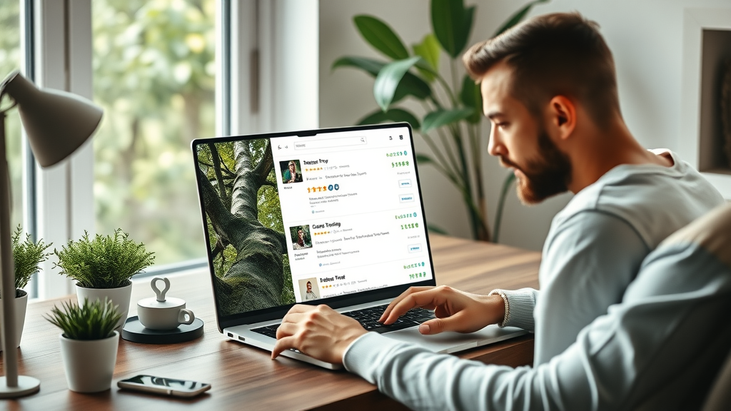 homeowner reviewing verified reviews ratings for local tree service on computer