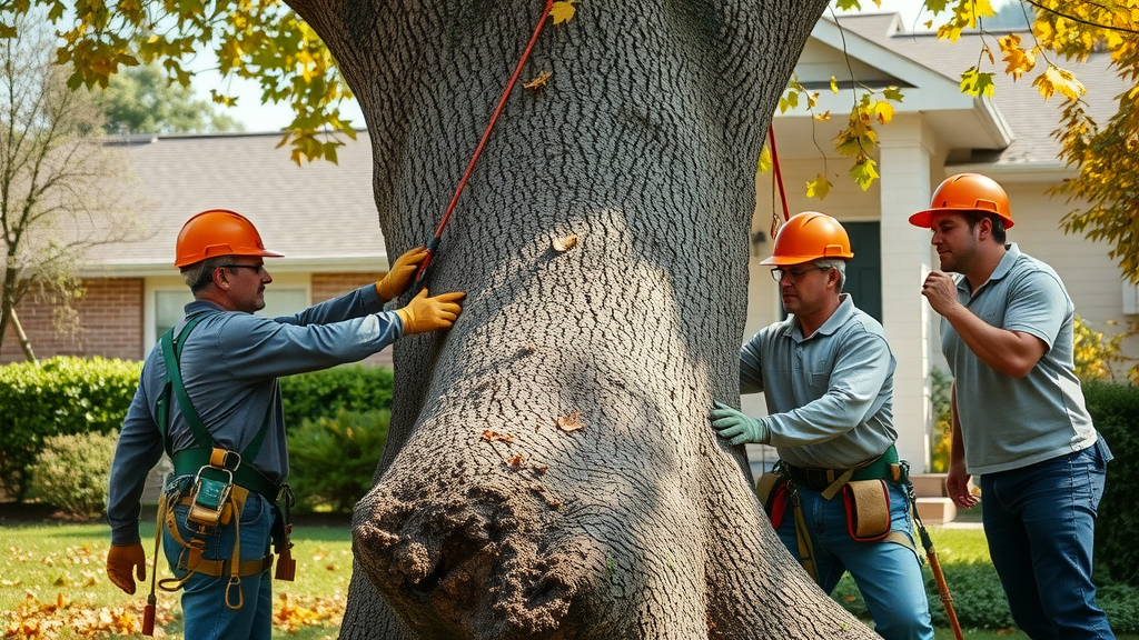 professional local tree service crew removing large tree with safety gear in residential yard