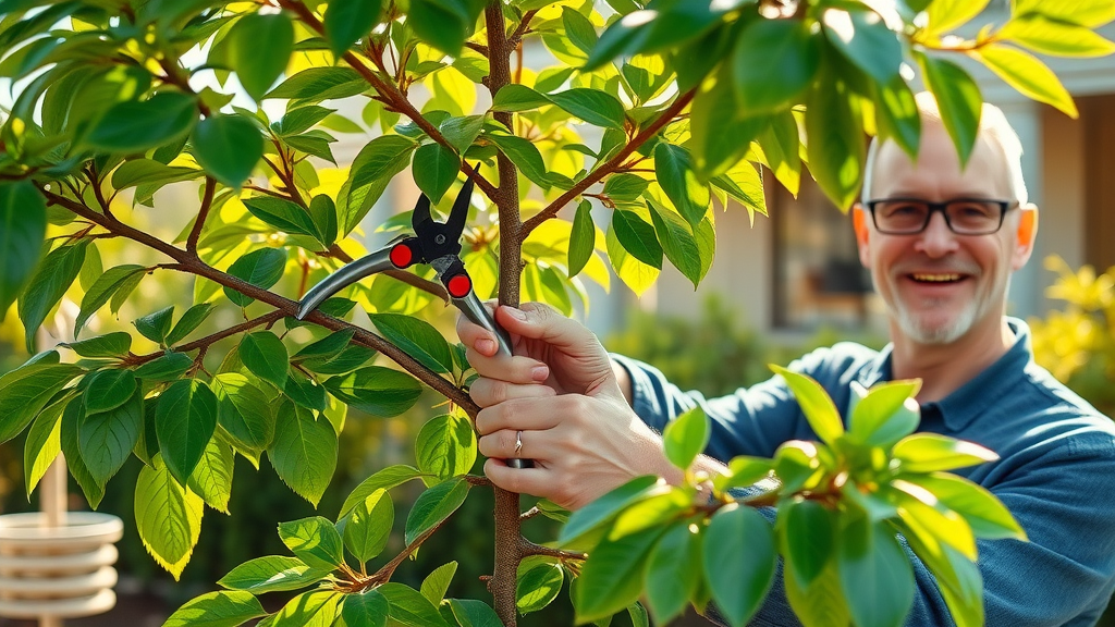 arborist trimming healthy tree in backyard with pruners for local tree service shrub health