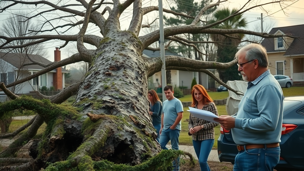 Dramatic fallen tree in a suburban neighborhood demonstrating tree safety, with concerned family, damaged car, and insurance agent (Main Keyword: tree safety)