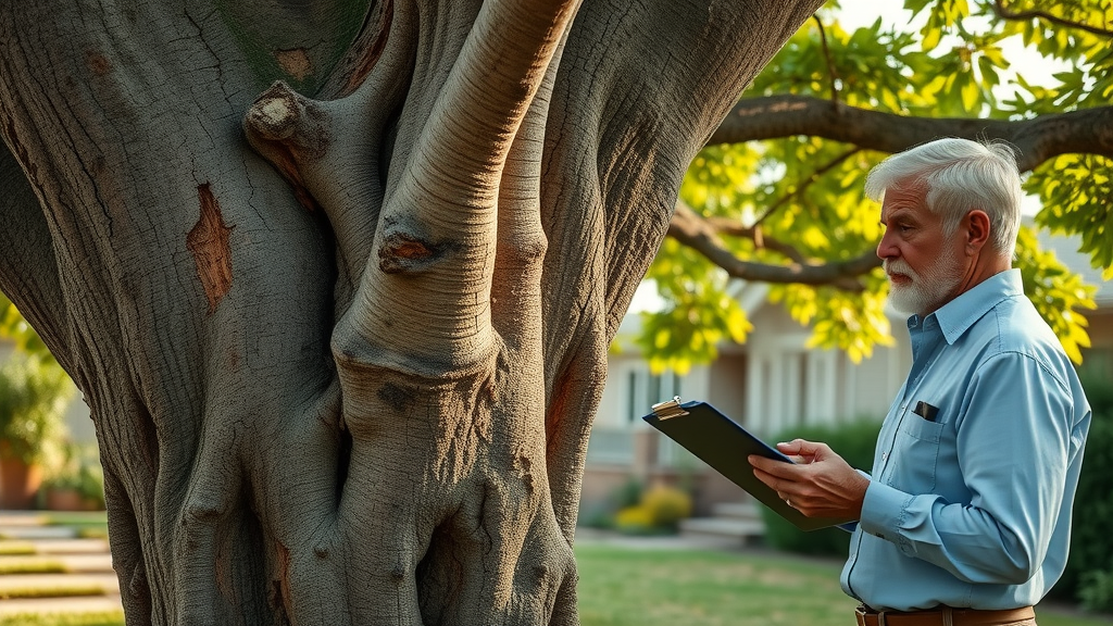 Arborist inspecting aged oak tree with fungal growth and cracked limbs, ensuring tree work safety (Competitor_H2_H3_Keywords: hazard tree, tree work, tree care industry)
