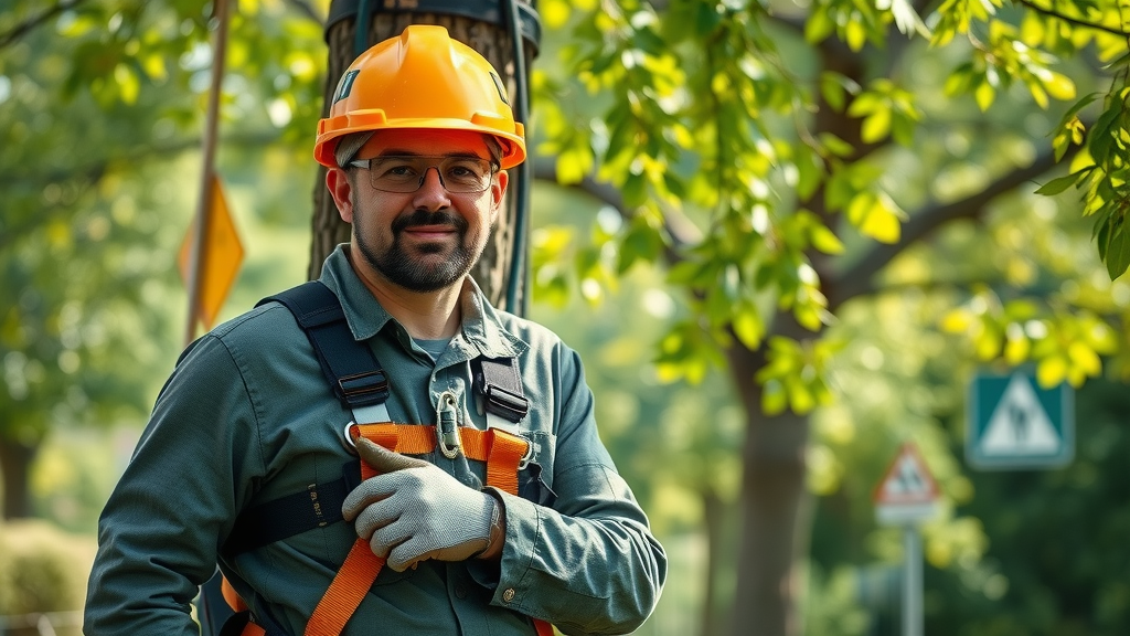 Professional arborist wearing PPE: hard hat, gloves, safety glasses, and harness, emphasizing work safety and tree work safety (Competitor_P_Keywords: tree worker, safety and health)