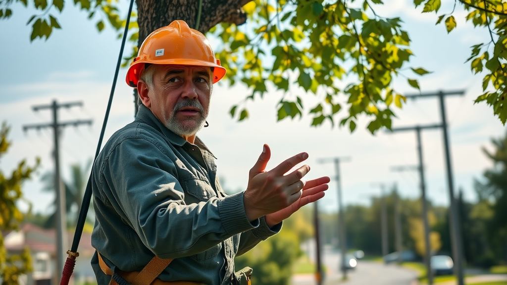 Cautious tree worker keeping distance from overhead power lines, demonstrating essential tree work safety for power line hazards (Competitor_P_Keywords: power line, work safety, tree worker)