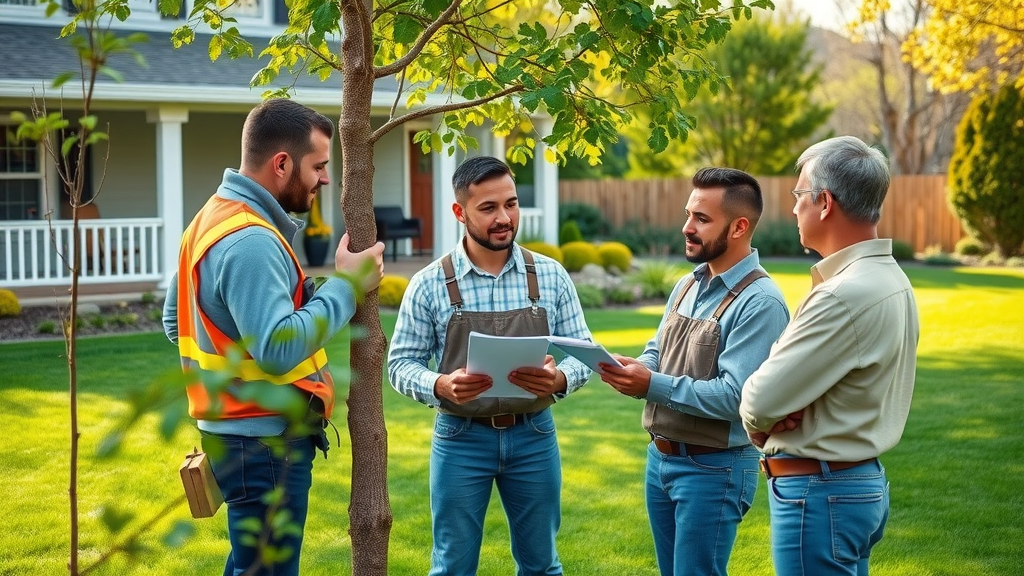 Professional arborists conducting integrated tree work safety inspections in a residential backyard (Competitor_H2_H3_Keywords: tree care, tree care industry, healthy trees)