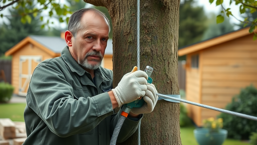 Experienced arborist installing steel cable for mature tree support, demonstrating professional tree care and work safety (Competitor_P_Keywords: tree care, tree worker, safety and health)