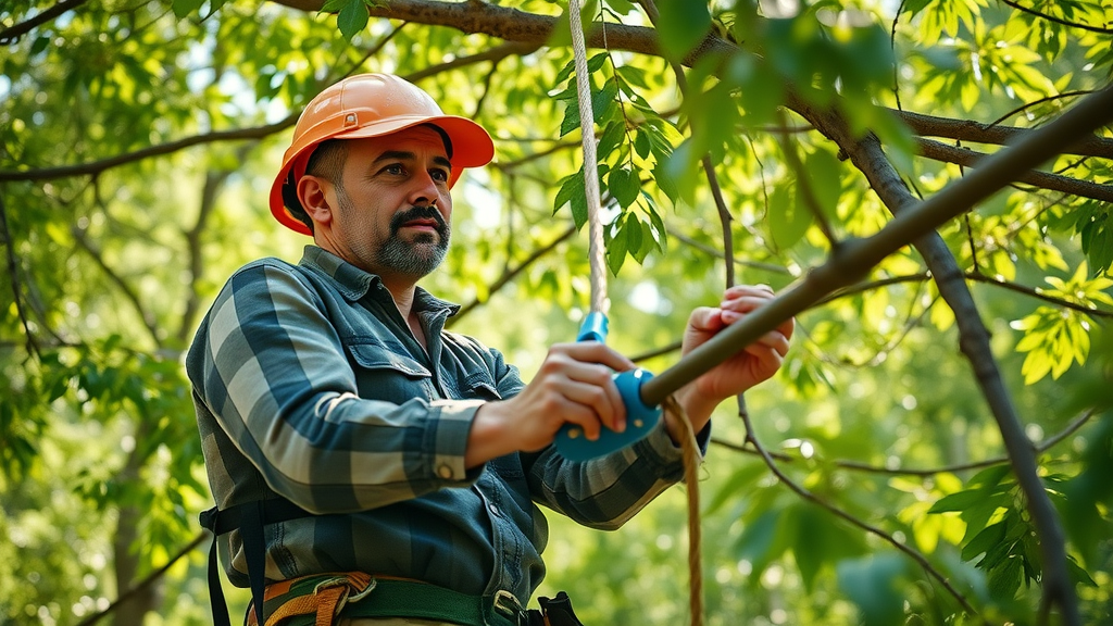 professional tree expert using harness for tree trimming service in suburban park