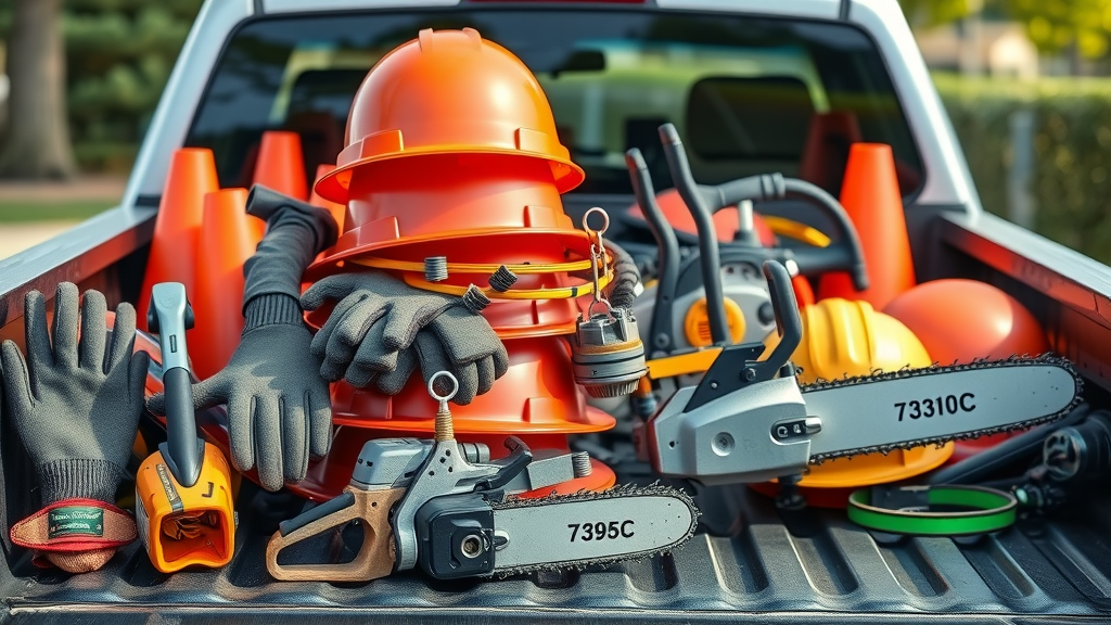 tree trimming near me professional tools and safety gear with helmets and chainsaws