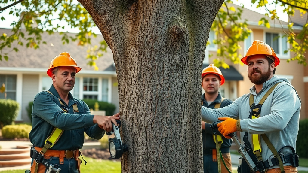 Professional team of certified arborists providing affordable tree service and pruning a tall oak tree in a safe, professional setting.