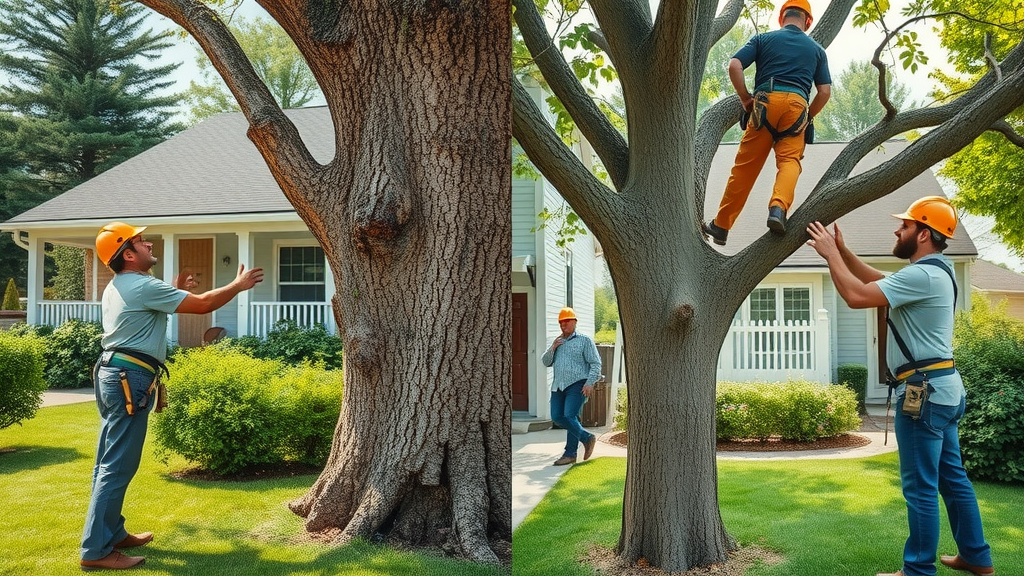 Affordable tree service team in safety gear providing tree care and tree trimming, contrasted with unqualified cheap labor causing damage to a tree.