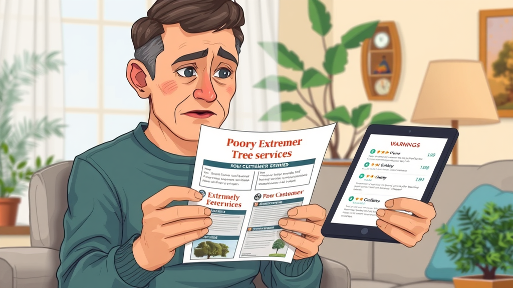 Homeowner reviewing a cheap tree service flyer with warning signs like missing credentials and poor online reviews, emphasizing affordable tree service vigilance.