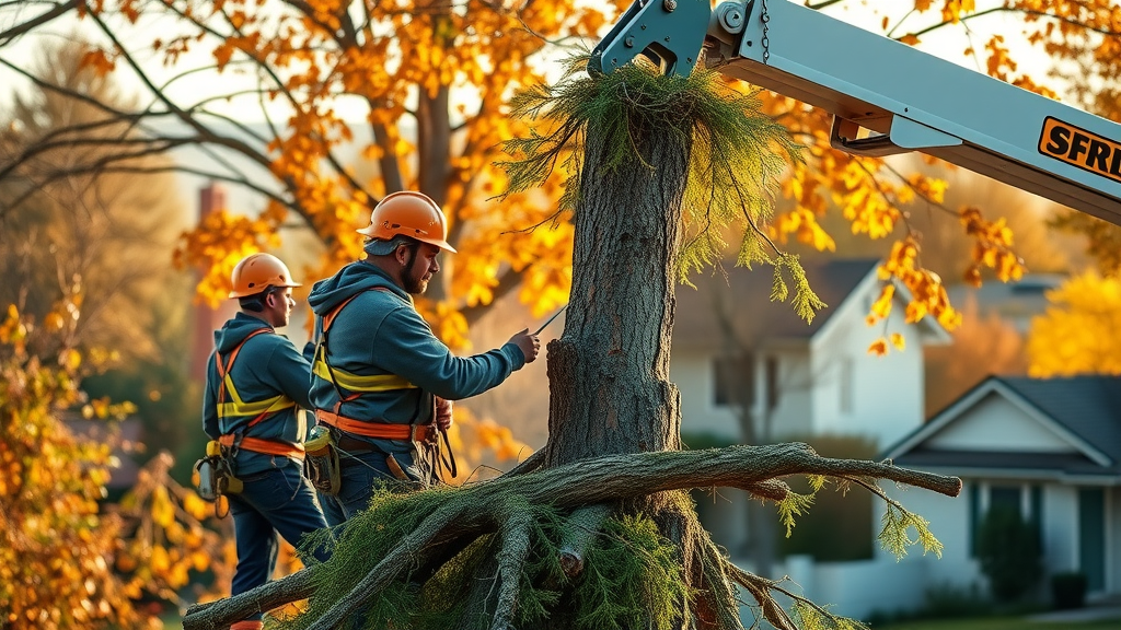 Affordable tree service team performing safe tree removal with crane, showing teamwork, certified arborist expertise, and a focus on quality tree care.