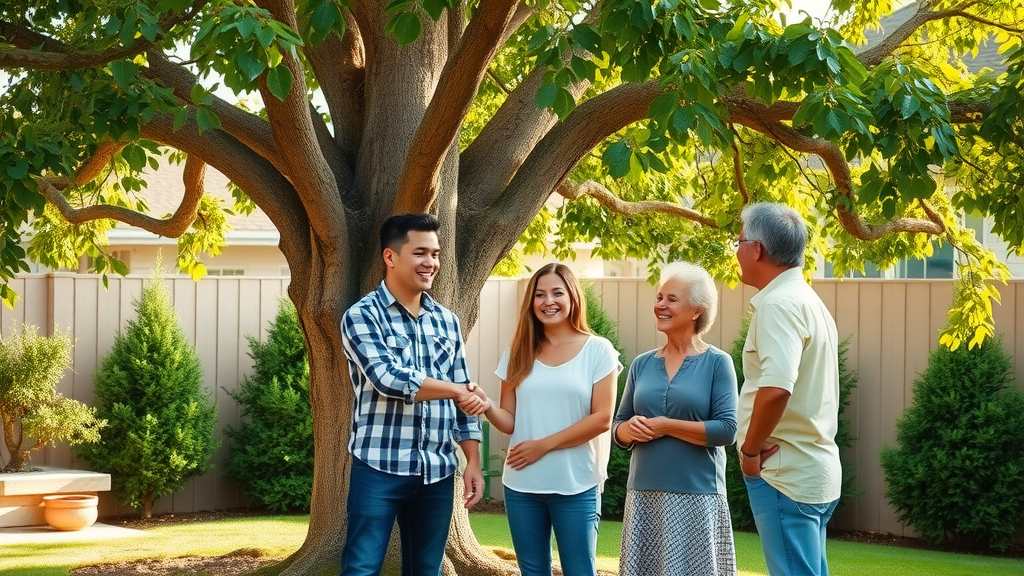 Smiling family next to a healthy tree and affordable tree service professional, showing results of expert tree care and homeowner satisfaction.