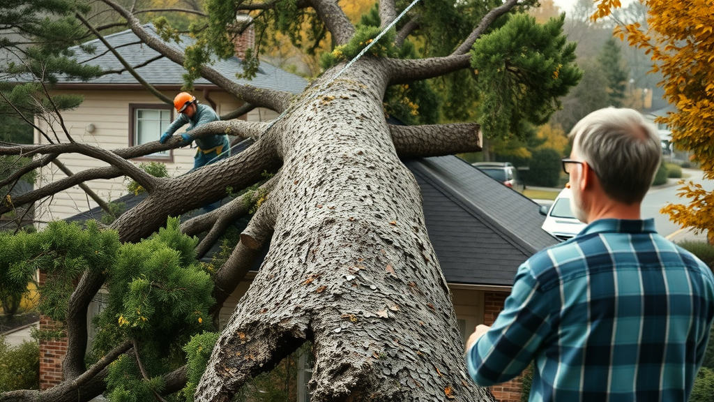 tree removal insurance dramatized fallen tree damaging a house in suburb, tree removal service at work, emergency vehicles in background, worried homeowner present