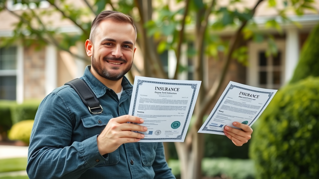 tree removal insurance professional presenting insurance certificates to a homeowner, reassuring them in a suburban front yard