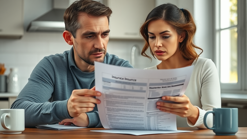 couple reviewing homeowners insurance and tree removal insurance paperwork at kitchen table, considering coverage for tree removal