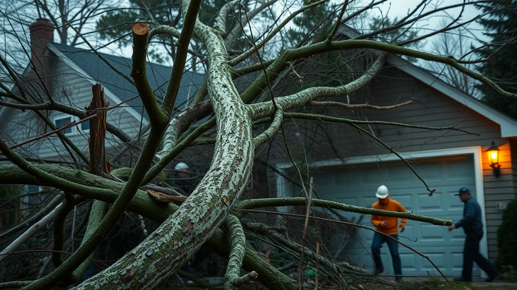 dangerous uninsured tree removal, branches falling precariously near workers and property, partial garage destruction, moody storm colors