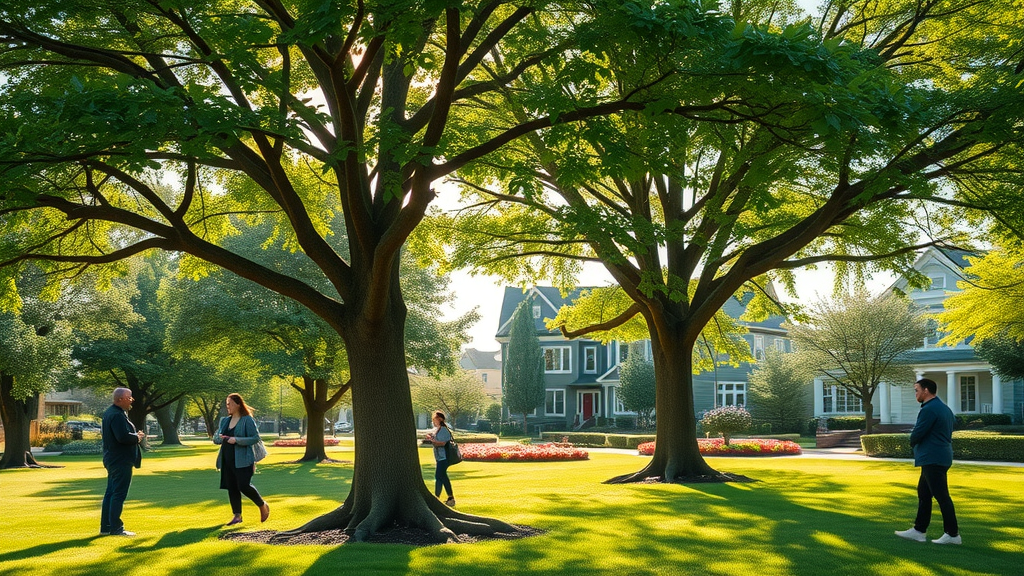 lush healthy urban trees rooted firmly thriving in a sunlit neighborhood park, tree maintenance tips