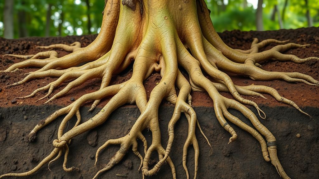 vibrant tree root system underground, cross-section, tree care, soil health, tree maintenance tips